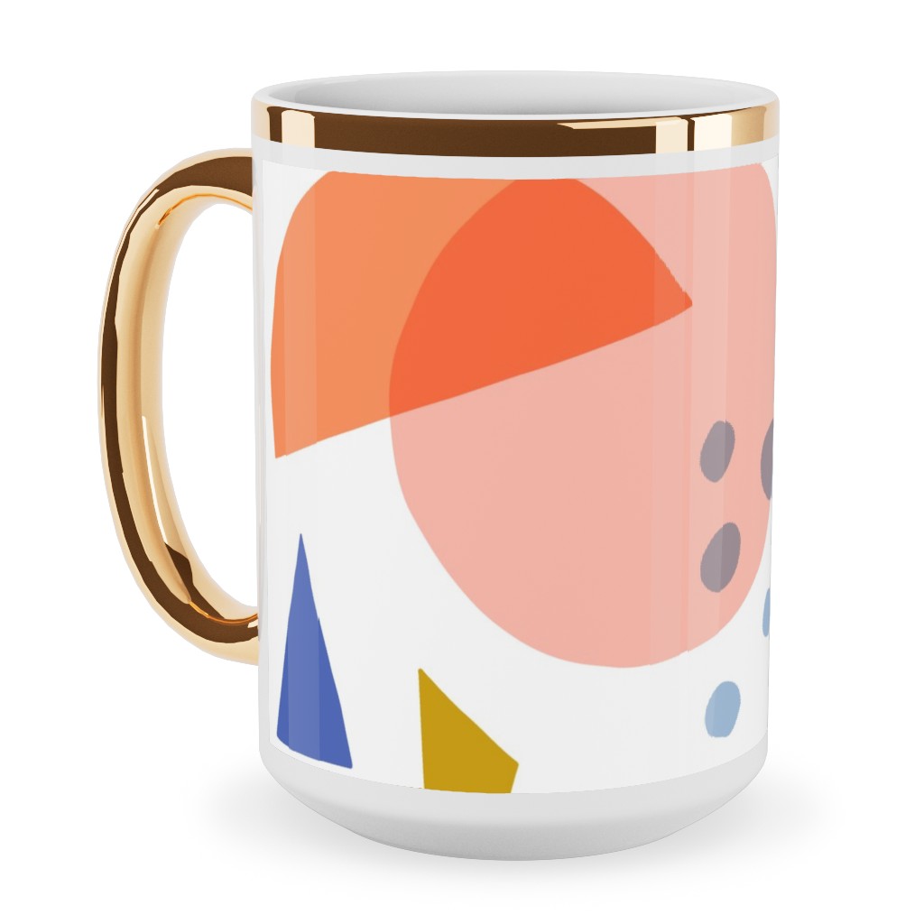 Abstract Circles and Triangles - Multi Ceramic Mug, Gold Handle, , 15oz, Multicolor