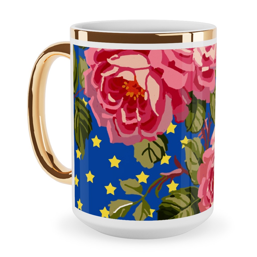 Americana Summer Roses - Blue Ceramic Mug, Gold Handle, , 15oz, Blue, True Blue