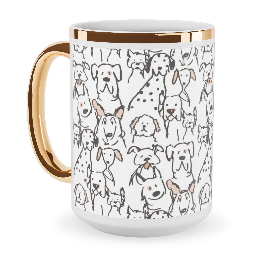 Peach Pop Doodle Dogs - Black and White Ceramic Mug, Gold Handle, , 15oz, White, White