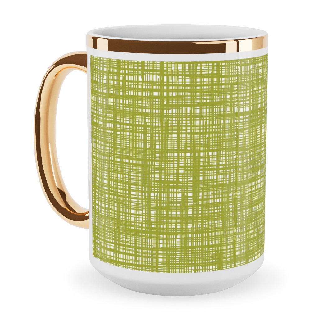 Linen Hatch Texture - Green Ceramic Mug, Gold Handle, , 15oz, Green, Classic Green