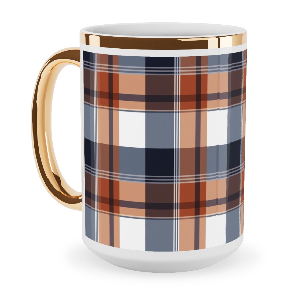 Navy & Orange Plaid Ceramic Mug, Gold Handle, , 15oz, Multicolor