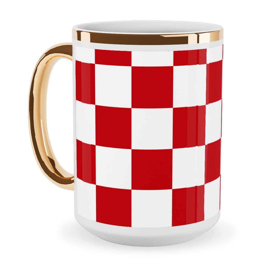Checkerboard - Red and White Ceramic Mug, Gold Handle,  , 15oz, Red