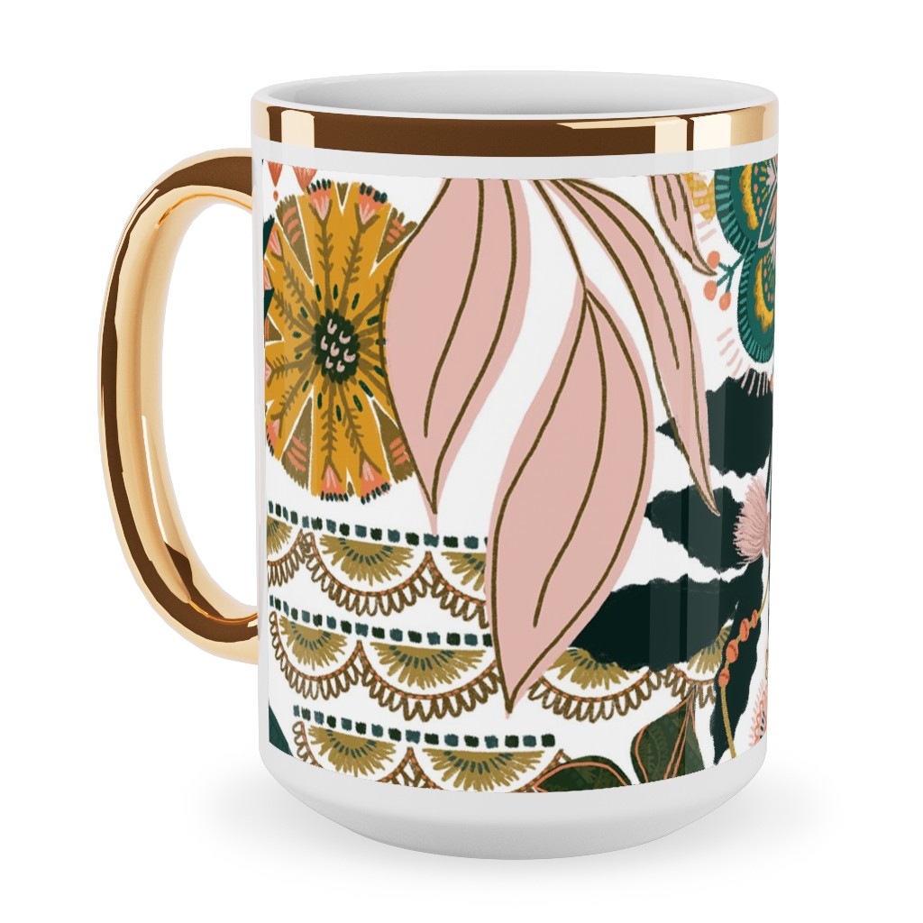 Boho Tropical - Floral - Multi Light Ceramic Mug, Gold Handle, , 15oz, Multicolor