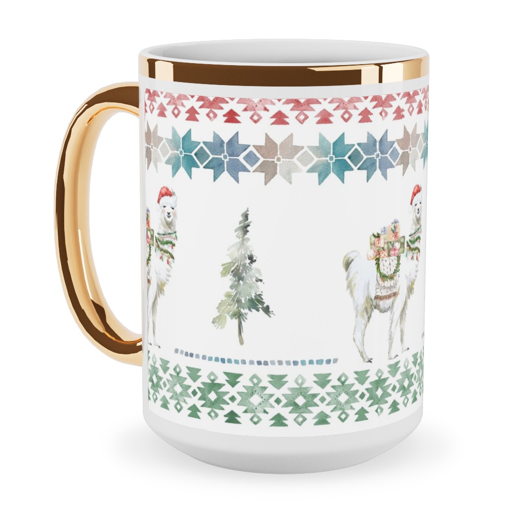 Christmas Llama Sweater Print - Multi Ceramic Mug, Gold Handle, , 15oz, Multicolor