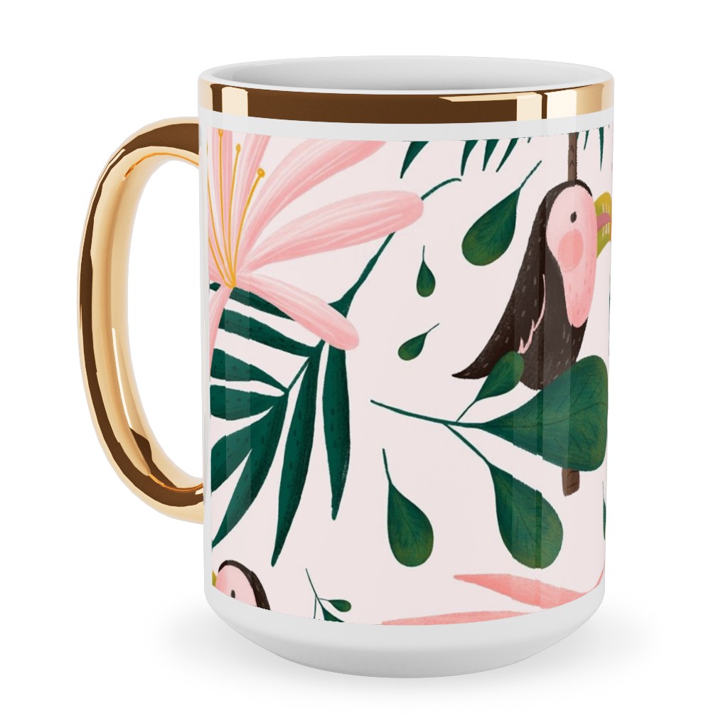 Jungle Pattern - Pink Ceramic Mug, Gold Handle, , 15oz, Pink, Bright Pink