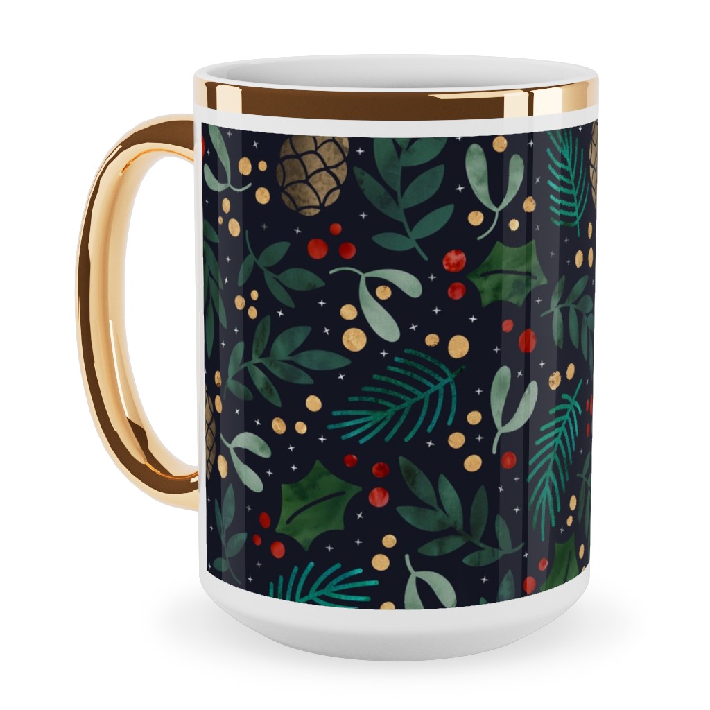 Christmas Florals - Dark Green Ceramic Mug, Gold Handle,  , 15oz, Green