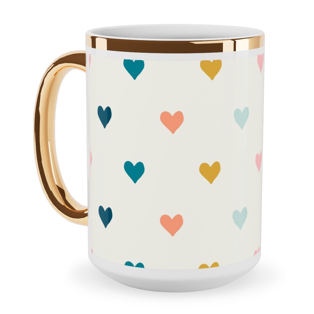 Hearts - Multi Blue, Pink, Gold Ceramic Mug, Gold Handle, , 15oz, Multicolor