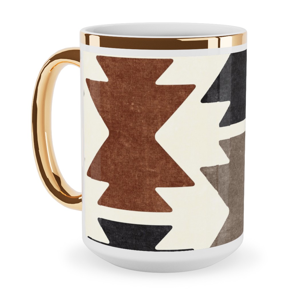 Bohemian Aztec Ceramic Mug, Gold Handle, , 15oz, Brown, Chestnut