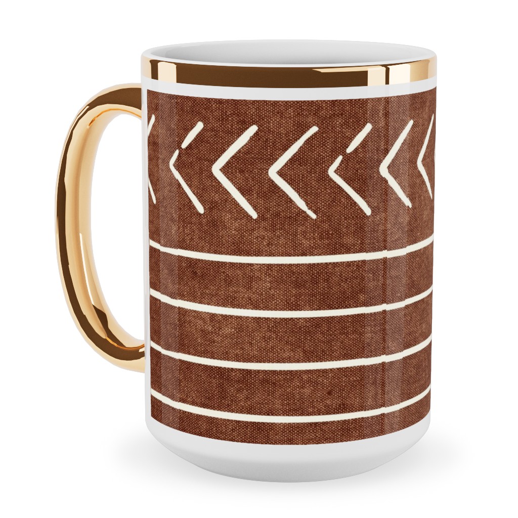 Arrow Stripes Mud Cloth Modern Ceramic Mug, Gold Handle, , 15oz, Brown, Chestnut