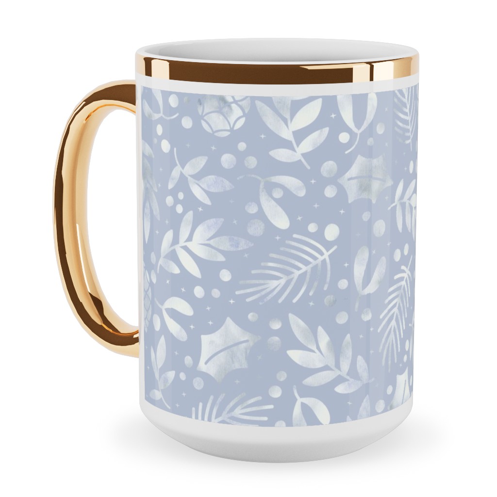Frozen Winter Florals - Silver Ceramic Mug, Gold Handle, , 15oz, Blue, True Blue