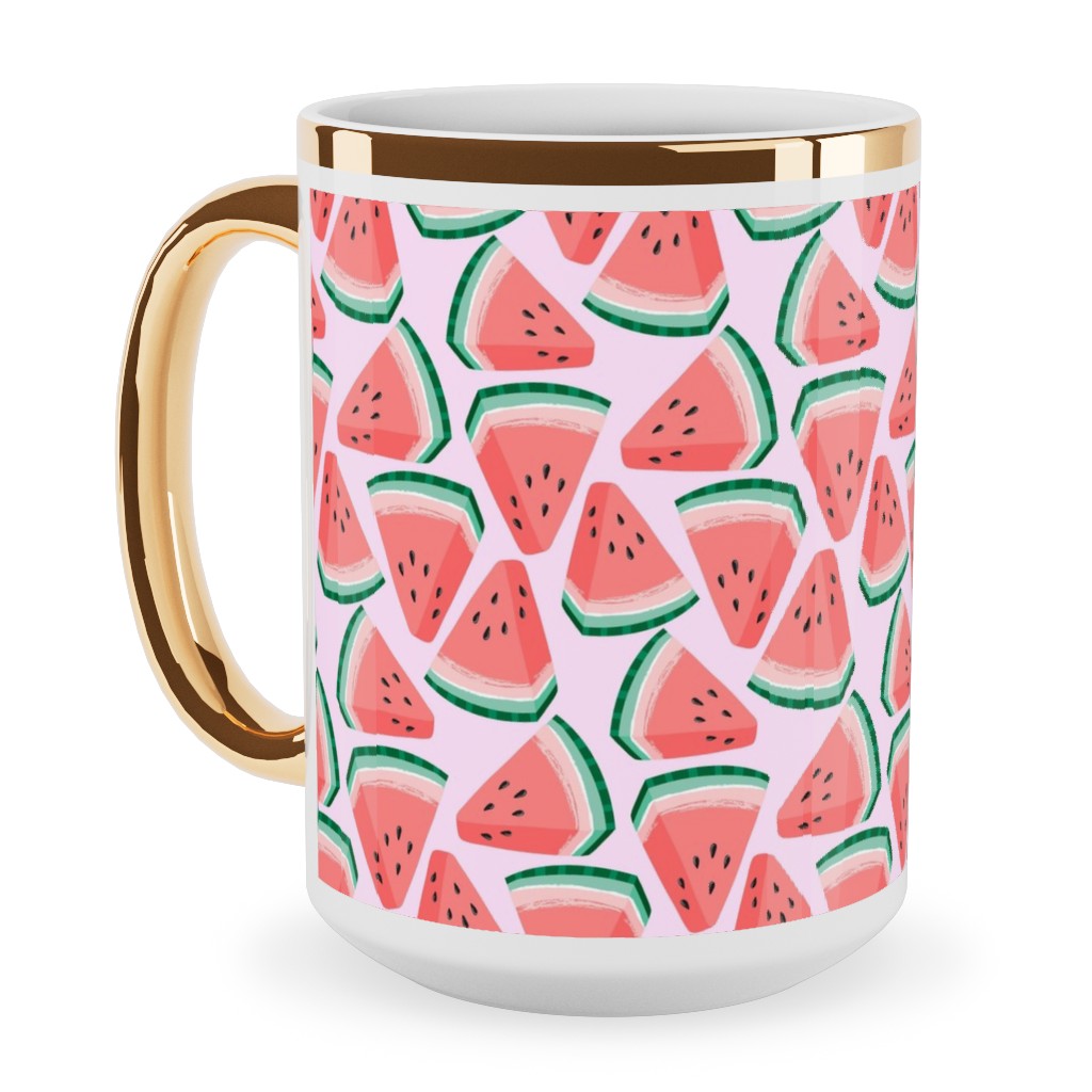 Watermelon Slices - Pink Ceramic Mug, Gold Handle, , 15oz, Pink, Bright Pink