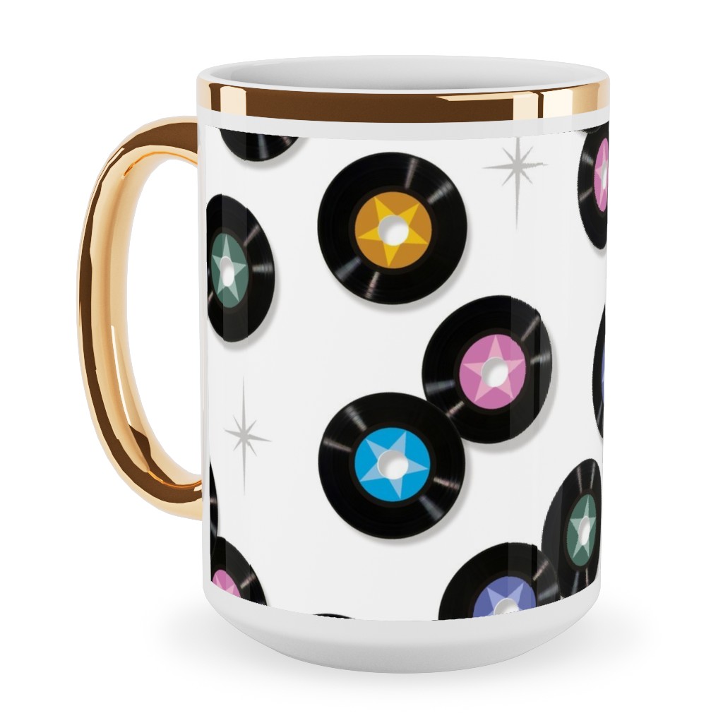 Pop Star Vintage Vinyl Records Ceramic Mug, Gold Handle, , 15oz, White, White