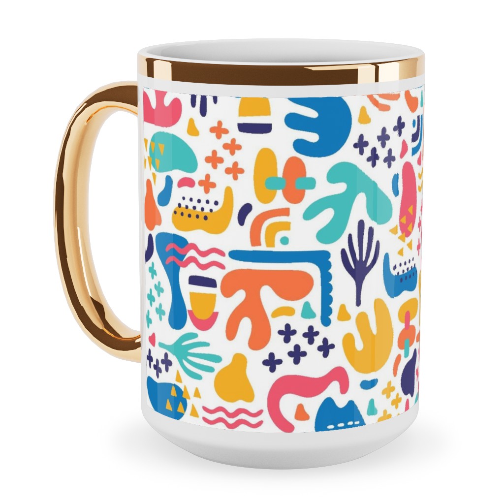 Organic Abstract Design - Multi Ceramic Mug, Gold Handle,  , 15oz, Multicolor
