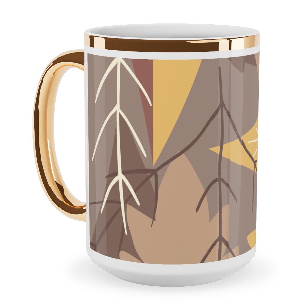 Leaf Pile Ceramic Mug, Gold Handle, , 15oz, Brown, Brown