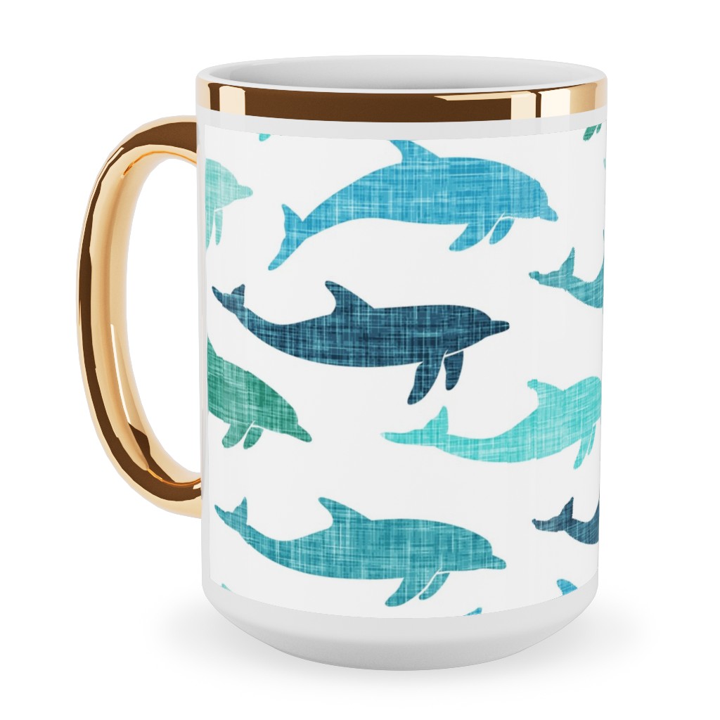 Dolphins Ceramic Mug, Gold Handle, , 15oz, Green, Malachite
