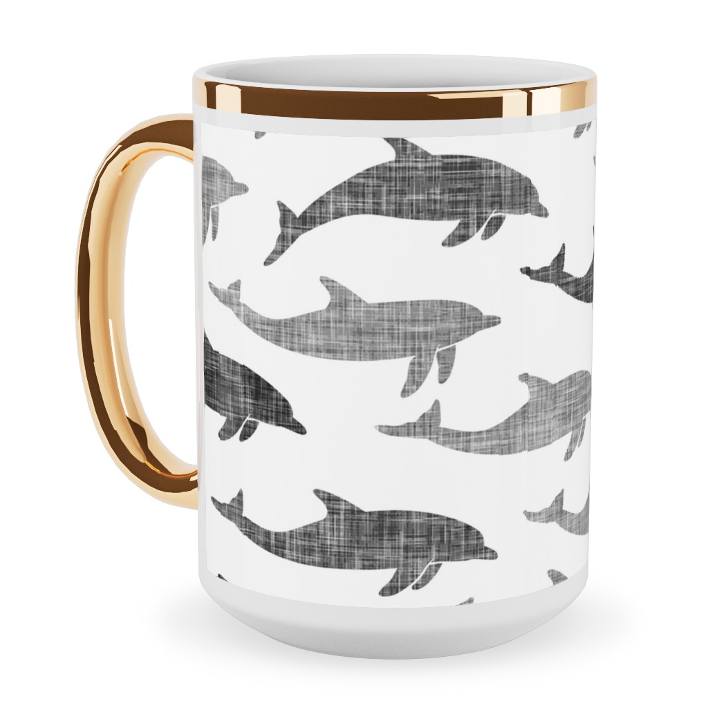 Dolphins Ceramic Mug, Gold Handle, , 15oz, Gray, Fog