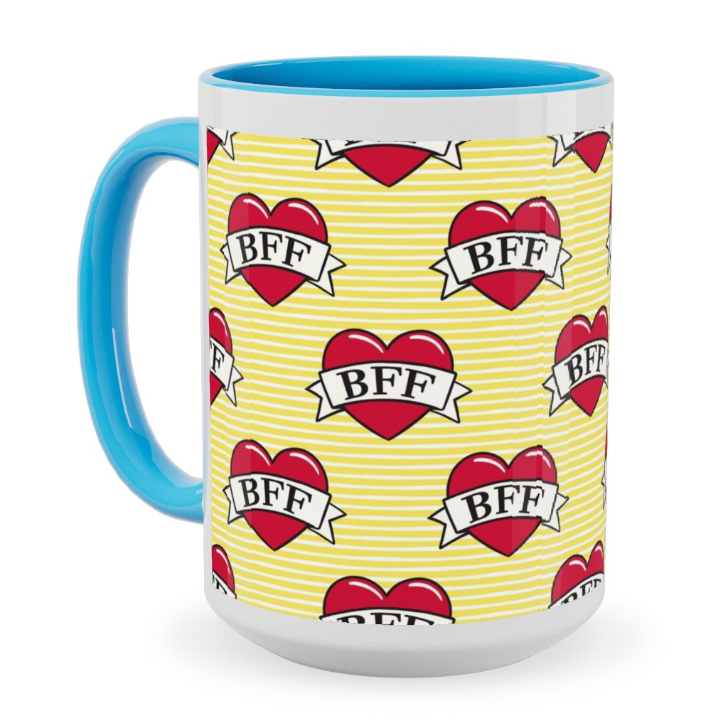 Bff Heart Tattoo Ceramic Mug, Light Blue,  , 15oz, Yellow