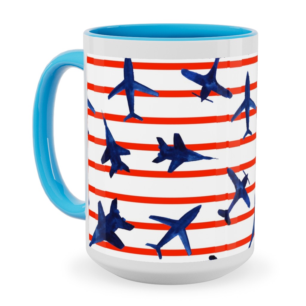 Patriotic Airplanes Watercolor - Blue With Red Stripes Ceramic Mug, Light Blue, , 15oz, Blue, True Blue