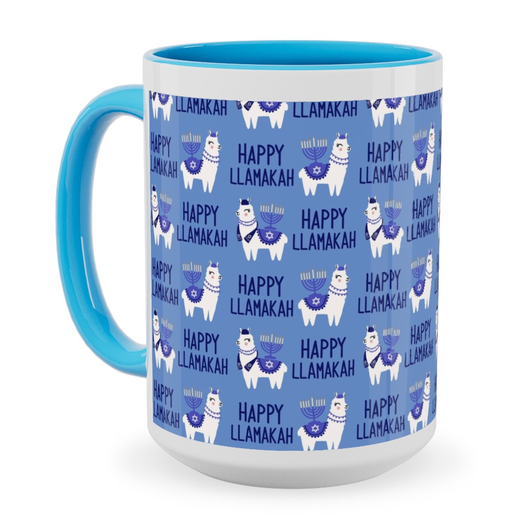 Happy Llamakah - Blue Ceramic Mug, Light Blue, , 15oz, Blue, True Blue