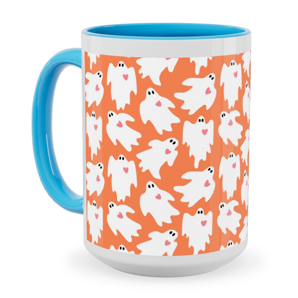 Halloween Ghosts With Hearts on Black Ceramic Mug, Light Blue,  , 15oz, Orange