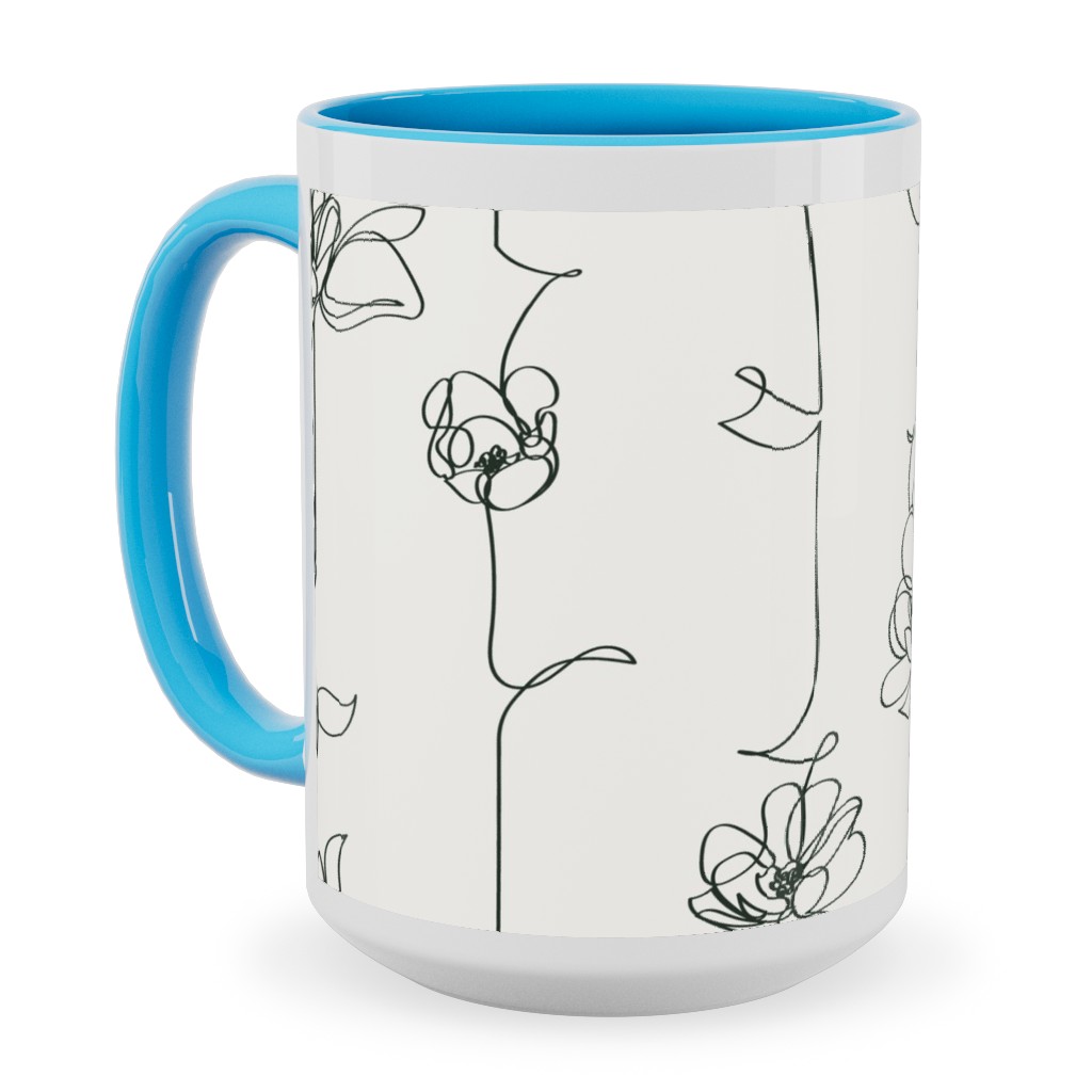 One Line Floral - Light Ceramic Mug, Light Blue,  , 15oz, White