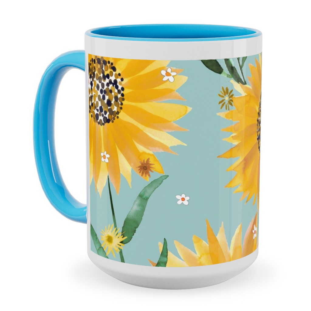 Watercolor Sunflowers - Yellow on Blue Ceramic Mug, Light Blue, , 15oz, Yellow, Classic Yellow