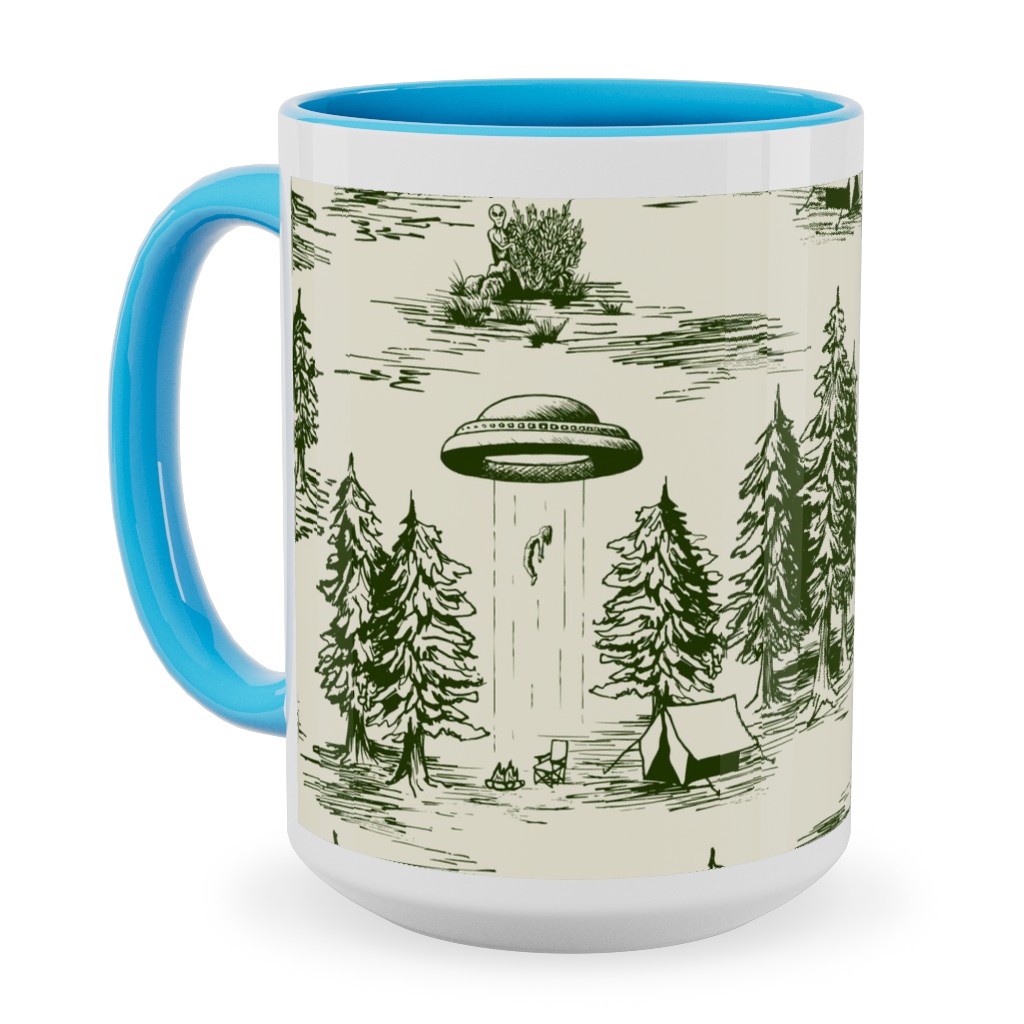 Alien Abduction Toile De Jouy - Forest Green & Cream Ceramic Mug, Light Blue, , 15oz, Green, Classic Green