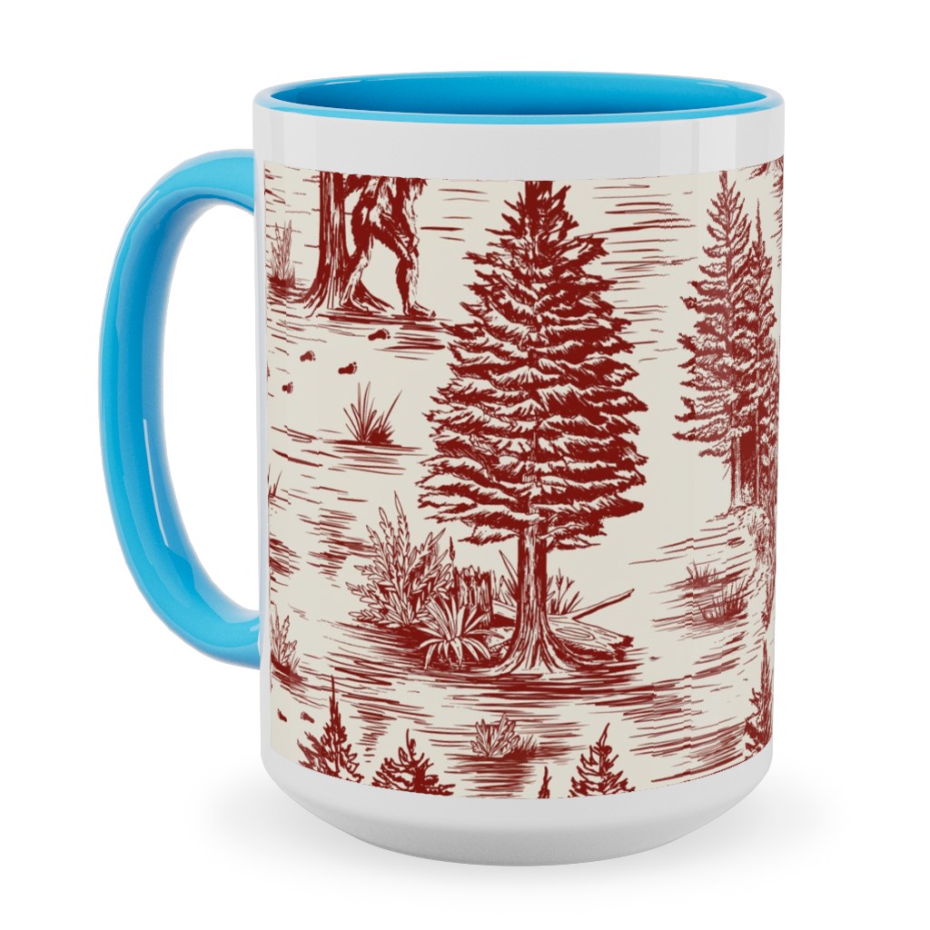Bigfoot Sasquatch Toile De Jouy Ceramic Mug, Light Blue, , 15oz, Red, Rich Red