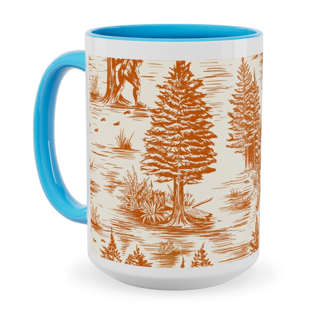 Bigfoot Sasquatch Toile De Jouy Ceramic Mug, Light Blue, , 15oz, Orange, Persimmon