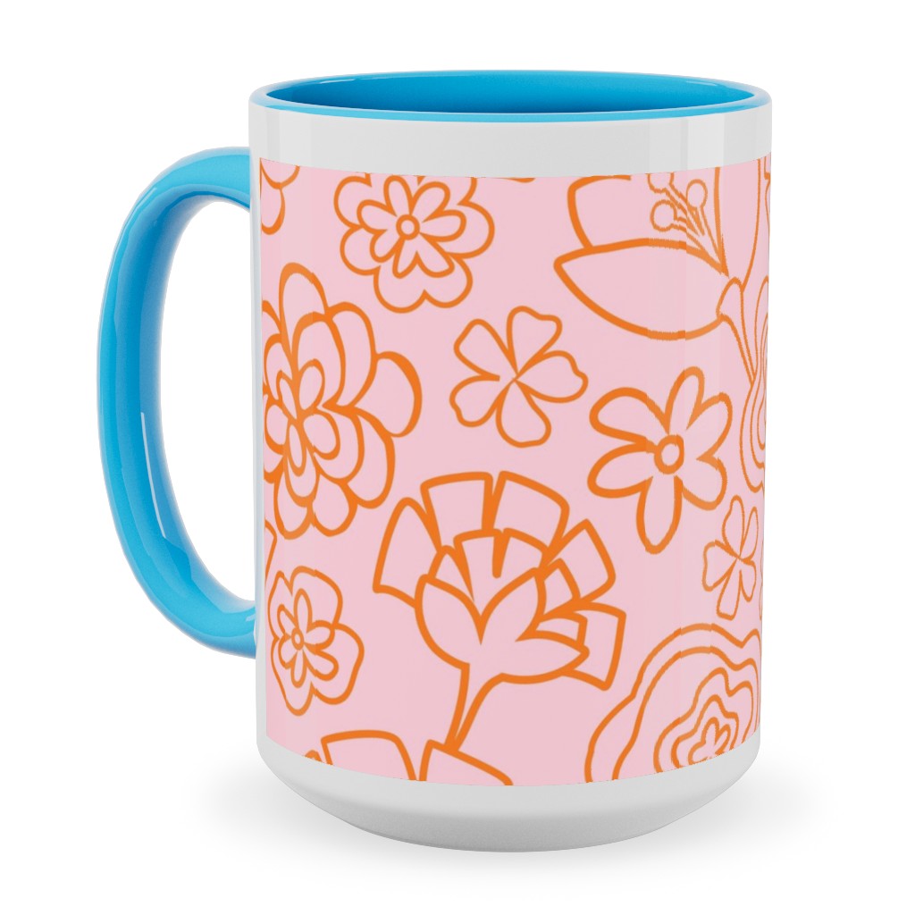 Flower Confetti - Pink Ceramic Mug, Light Blue,  , 15oz, Pink