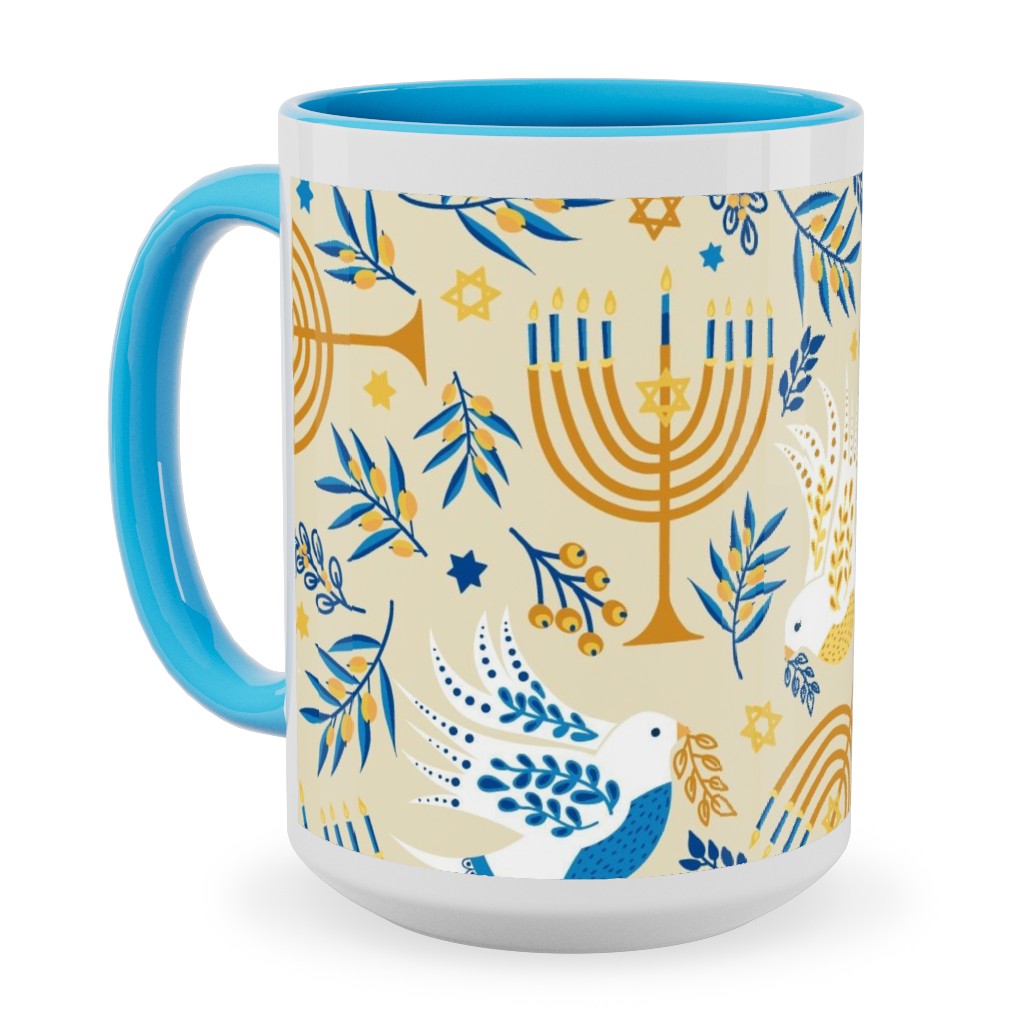 Hanukkah Birds Menorahs - Yellow Ceramic Mug, Light Blue, , 15oz, Yellow, Classic Yellow