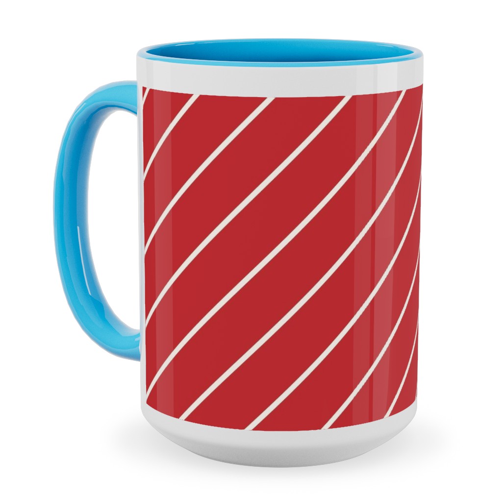 Diagonal Stripes on Christmas Red Ceramic Mug, Light Blue, , 15oz, Red, Red