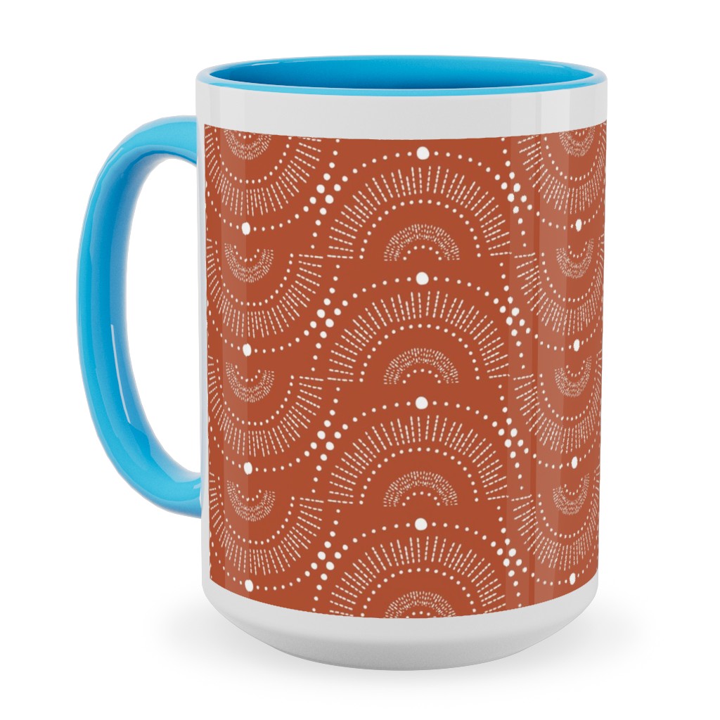 Rise and Shine - Boho Geometric - Terra Cotta Ceramic Mug, Light Blue, , 15oz, Orange, Orange