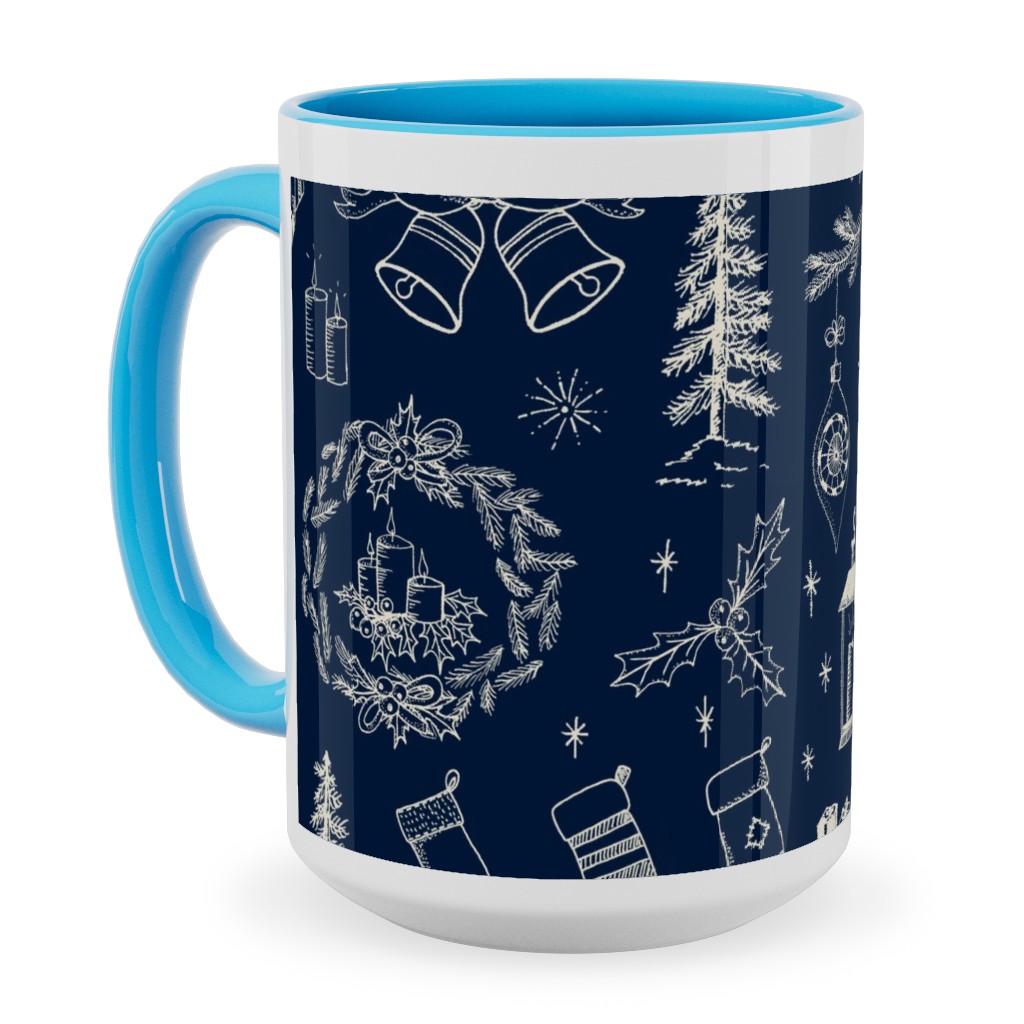 Christmas Toile - Starry Night Ceramic Mug, Light Blue,  , 15oz, Blue