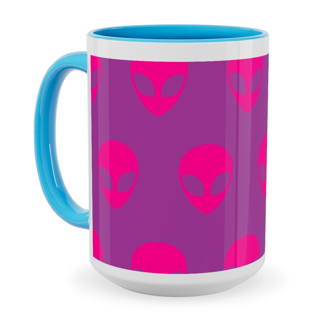 Retro Alien Heads Ceramic Mug, Light Blue, , 15oz, Pink, Magenta
