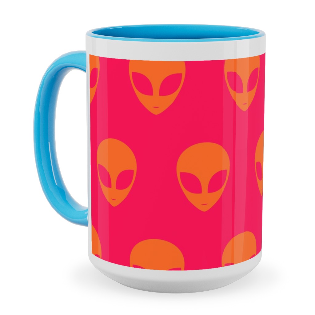 Retro Alien Heads Ceramic Mug, Light Blue,  , 15oz, Pink