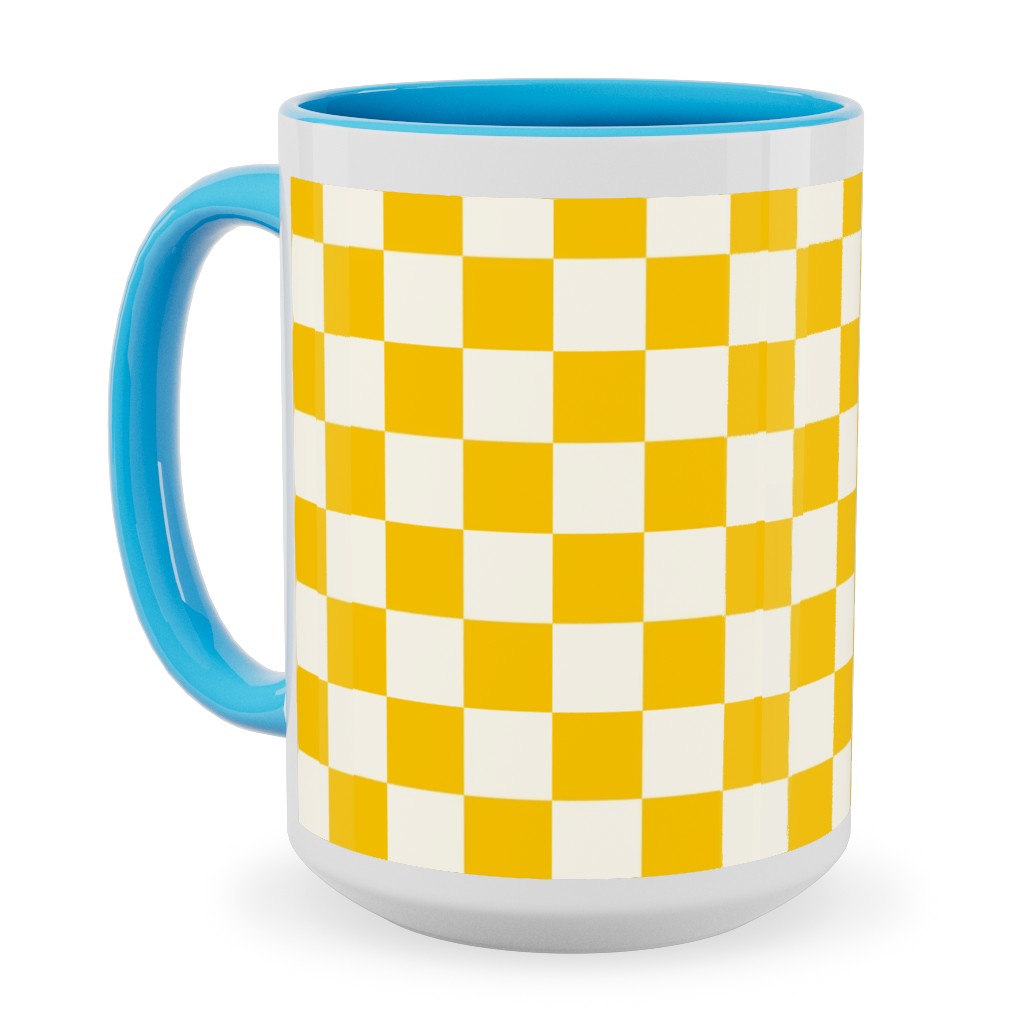 Checkered Pattern - Yellow Ceramic Mug, Light Blue, , 15oz, Yellow, Classic Yellow