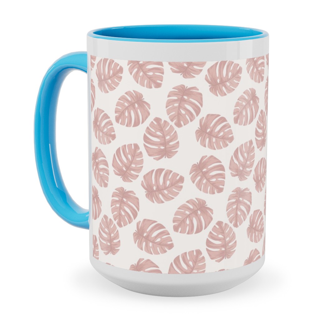 Boho Monstera Leaf - Light Pink on Off White Ceramic Mug, Light Blue,  , 15oz, Pink