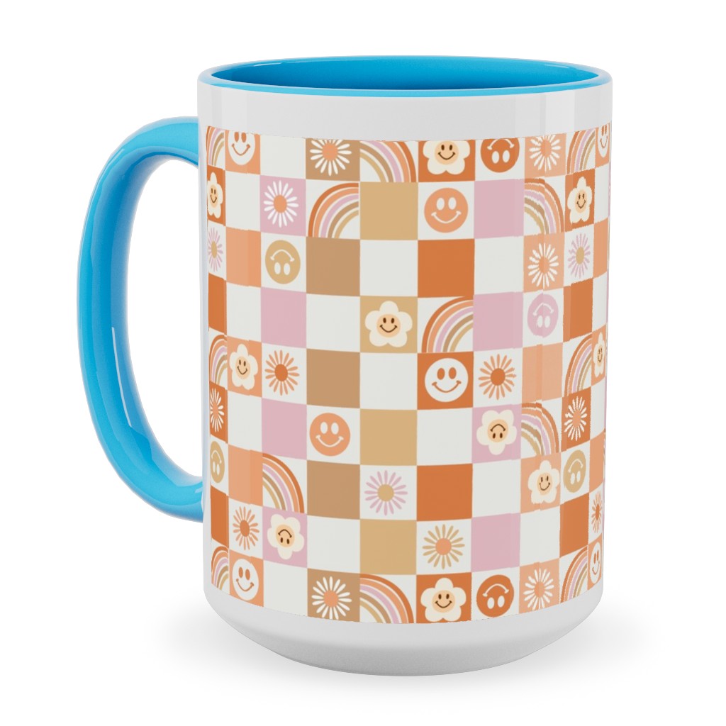 Retro Checkerboard - Daisy, Smile, Happy - Pink Orange Ceramic Mug, Light Blue, , 15oz, Orange, Orange
