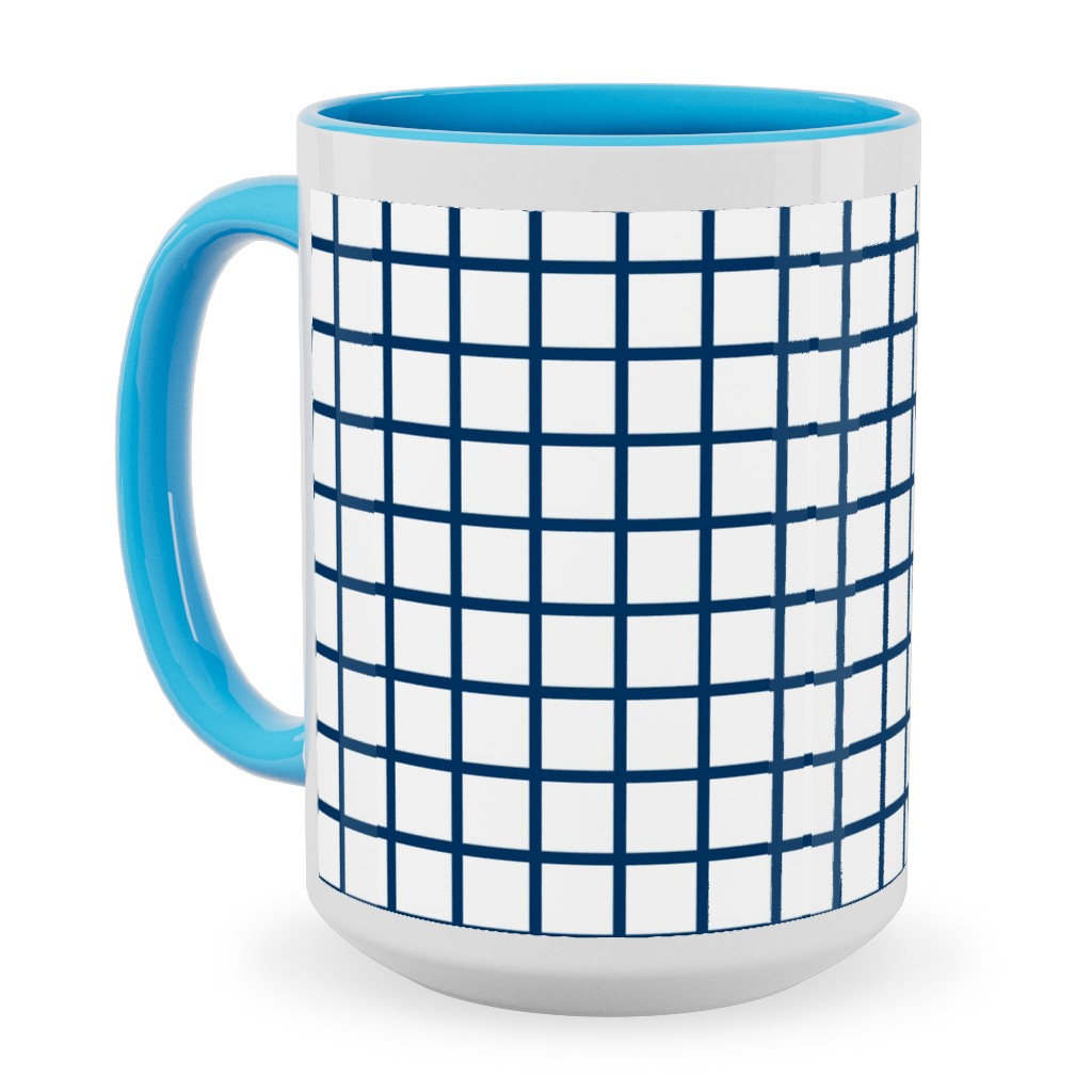 Grid - Navy and White Ceramic Mug, Light Blue, , 15oz, Blue, True Blue