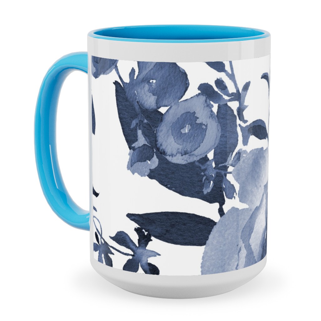Blue and White Florals - Indigo Ceramic Mug, Light Blue,  , 15oz, Blue