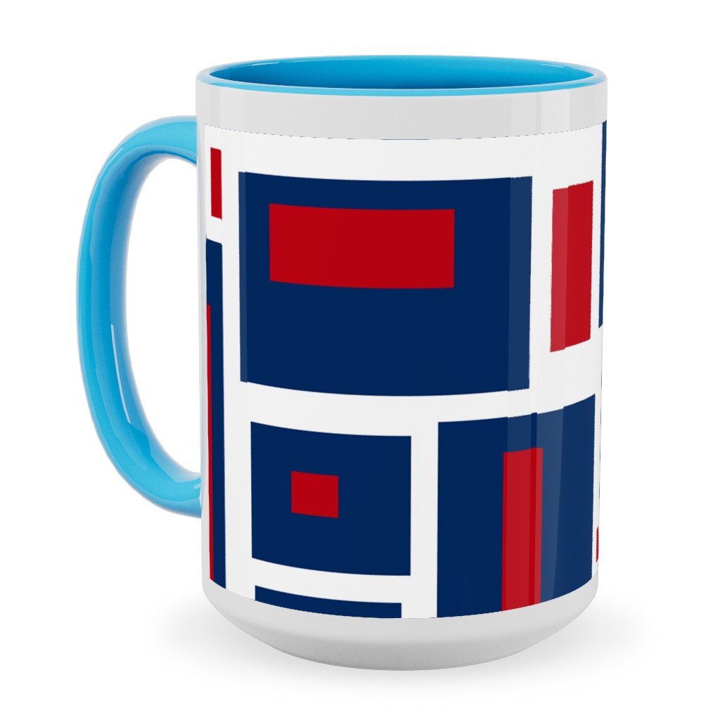 Geometric Rectangles in Red, White and Blue Ceramic Mug, Light Blue, , 15oz, Blue, True Blue