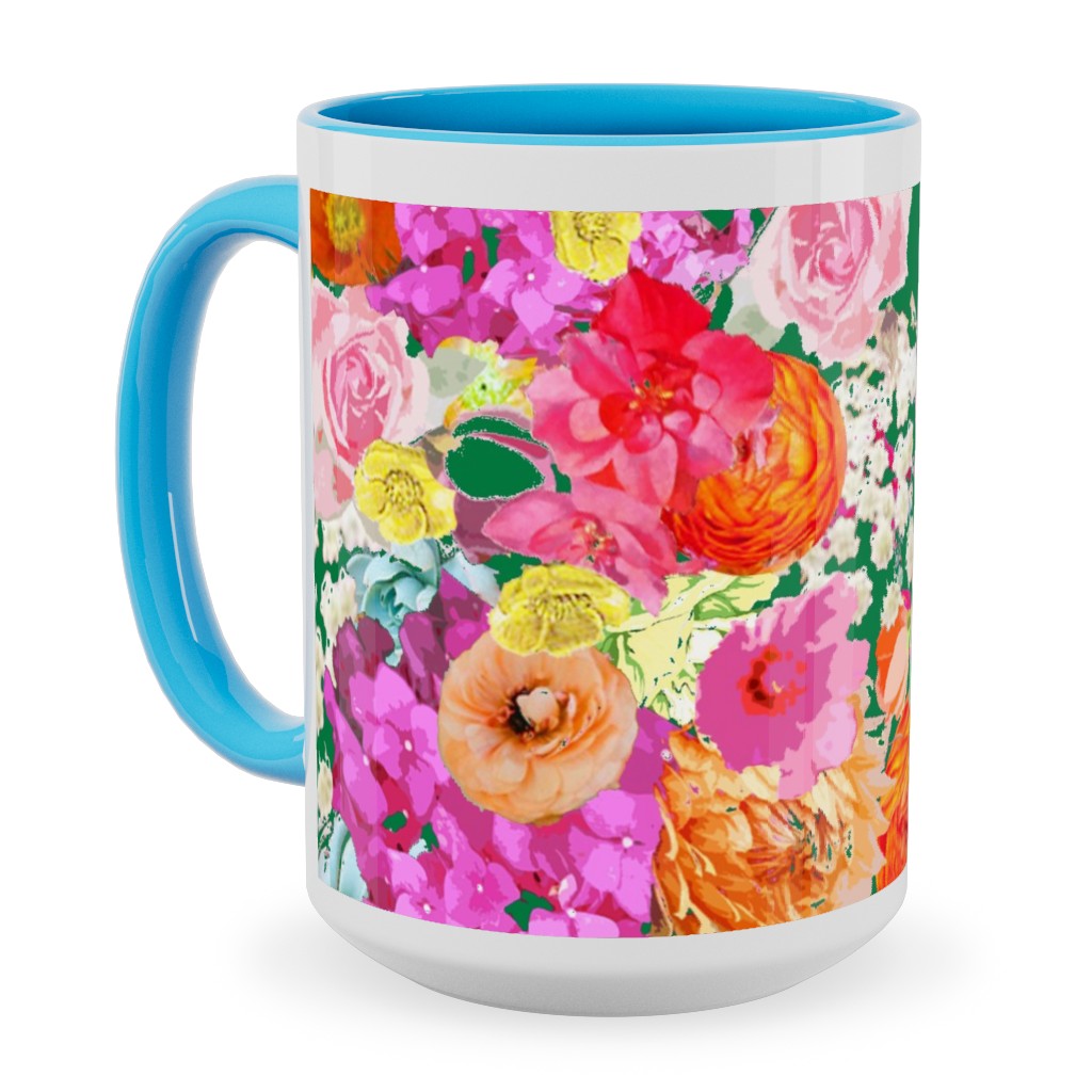 Summer Bright Floral - Kelly Green Ceramic Mug, Light Blue,  , 15oz, Pink