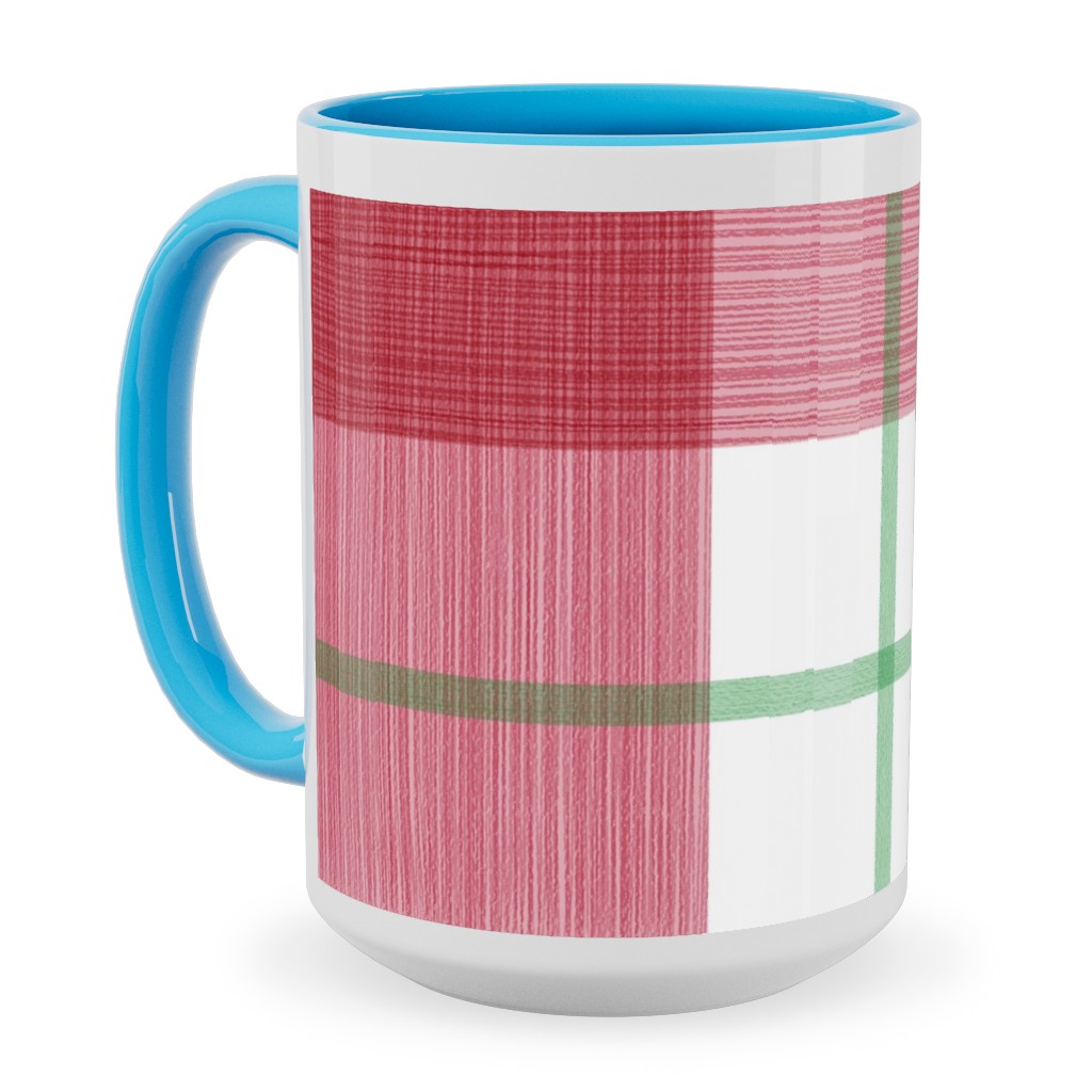 Double Plaid Ceramic Mug, Light Blue,  , 15oz, Red