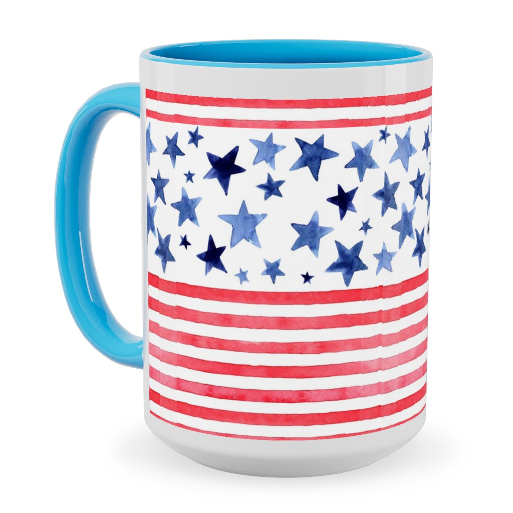 Watercolor Stars and Stripes - Red White and Blue Ceramic Mug, Light Blue, , 15oz, Red, Red