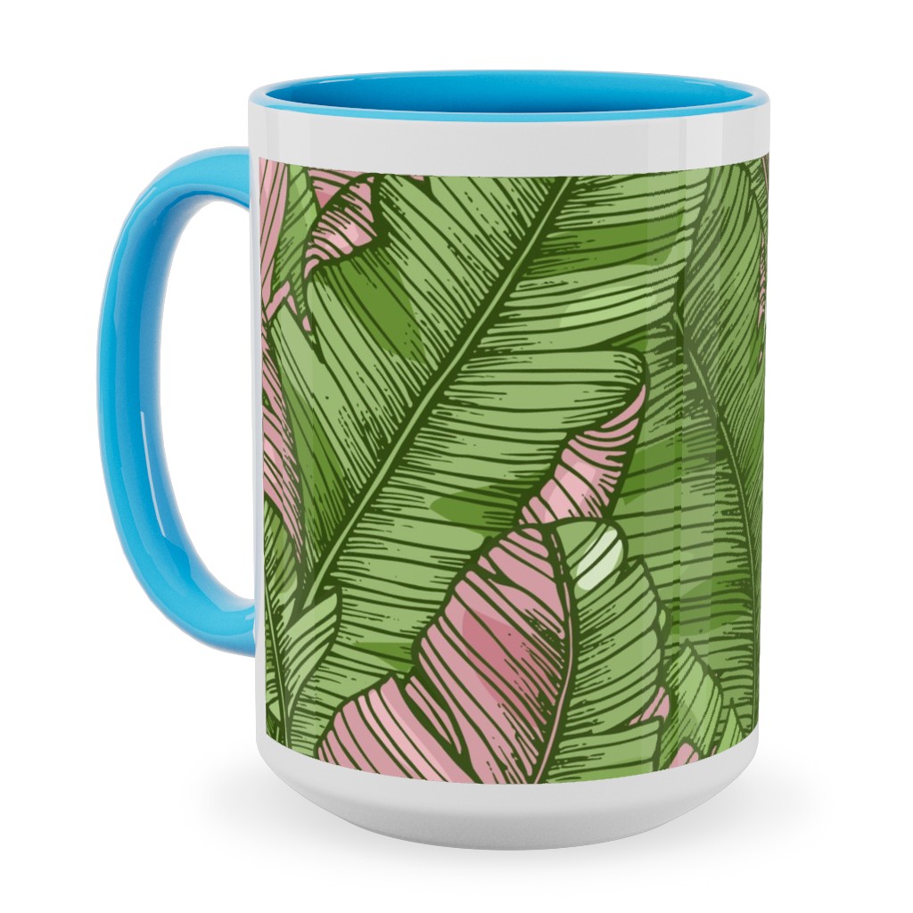 Banana Leaf - Pink Ceramic Mug, Light Blue,  , 15oz, Green