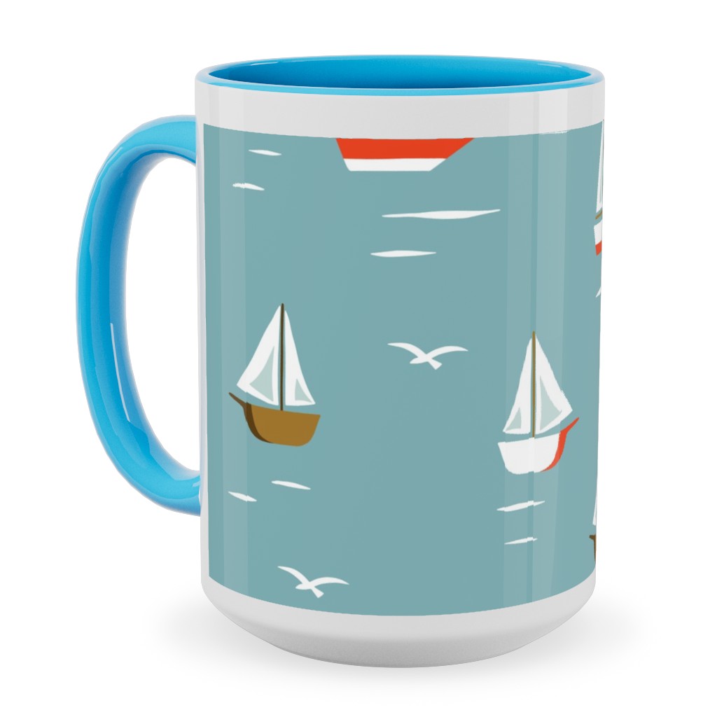 Sailboats Ceramic Mug, Light Blue, , 15oz, Blue, Deep Turquoise