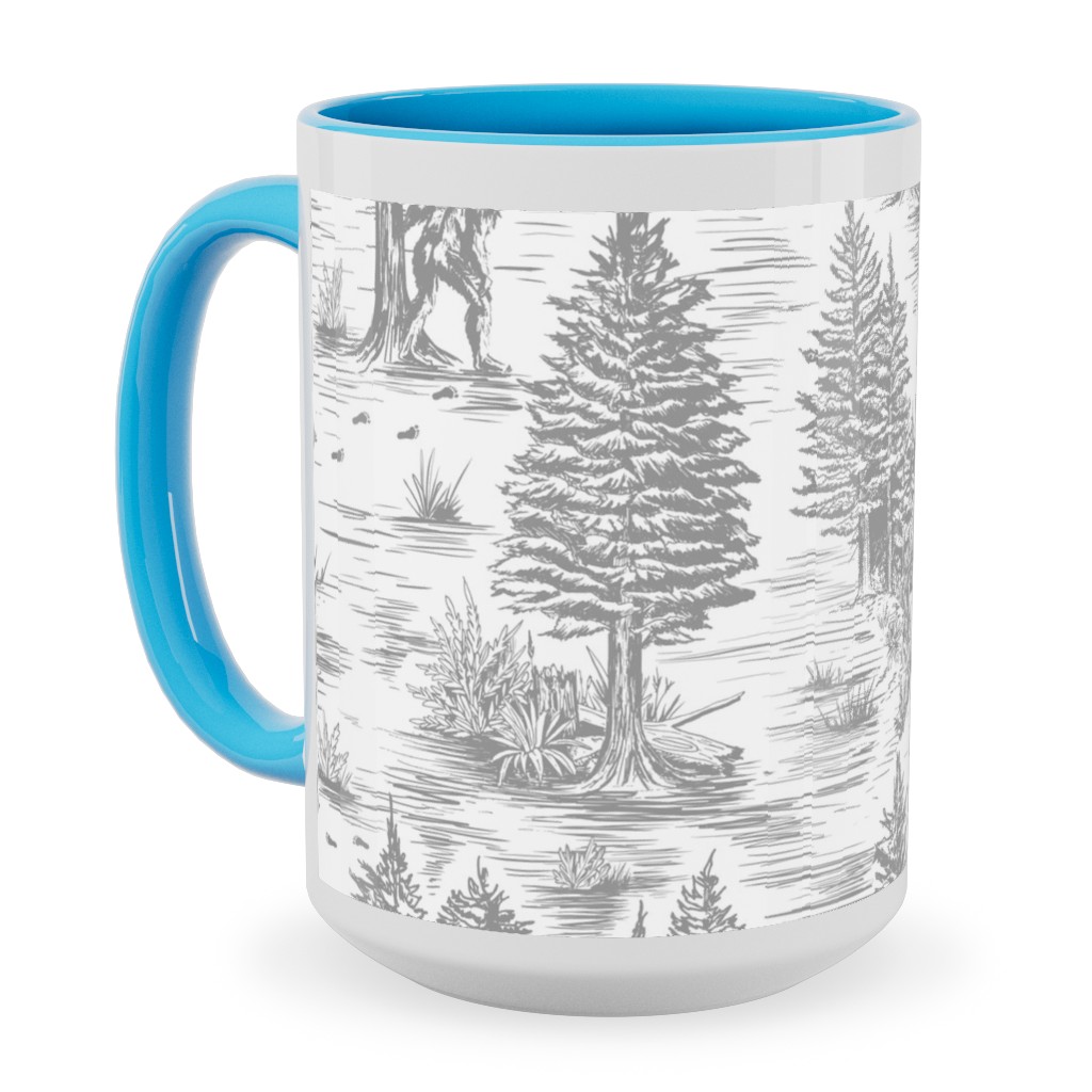 Bigfoot Sasquatch Toile De Jouy Ceramic Mug, Light Blue, , 15oz, Gray, Fog