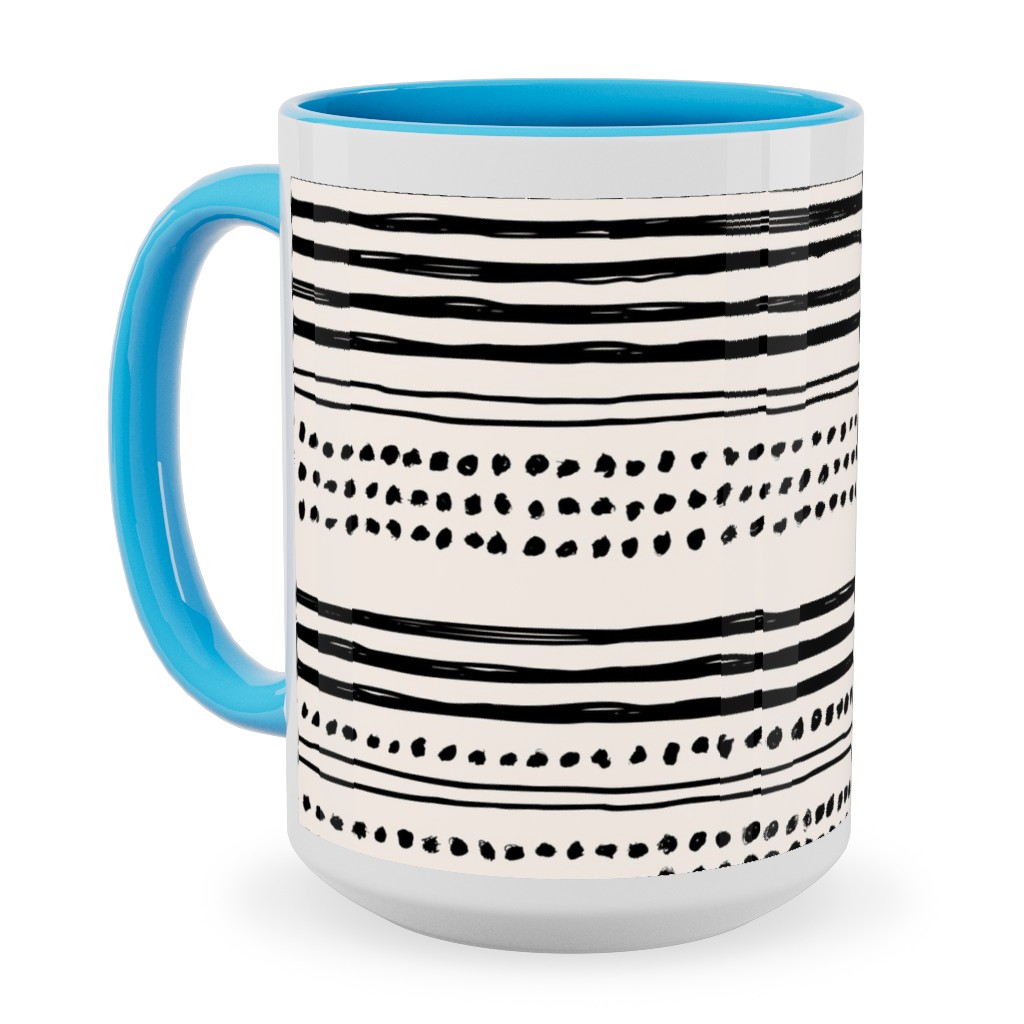 Minimal Mudcloth Ceramic Mug, Light Blue, , 15oz, Beige, Charcoal