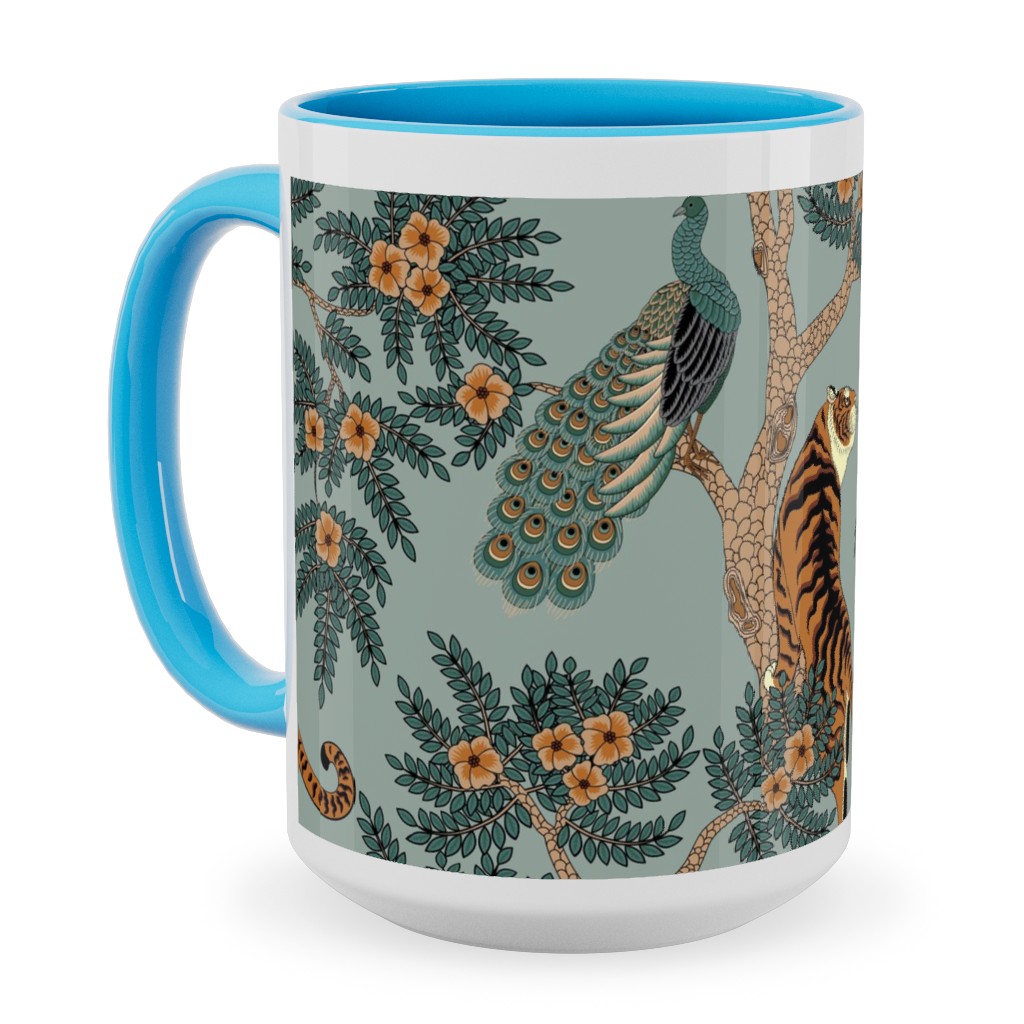 Tiger and Peacock - Blue Ceramic Mug, Light Blue, , 15oz, Blue, True Blue